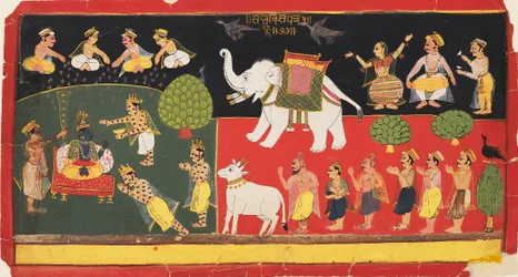 Krishna vereerd door Indra die aankomt op een witte olifant, ca. 1720