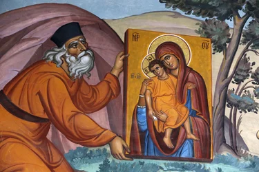 Kykkos-klooster, Cyprus. Fresco. Monnik draagt een heilig icoon, Pedoulas, Cyprus