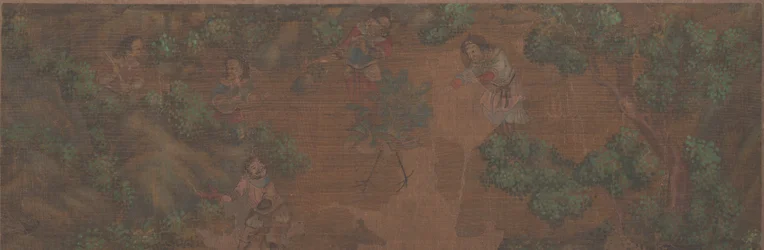 Landschapsschilderij van figuur in bosrijke omgeving
