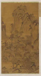 Landschap: een bergkloof, een stroom, gebouwen en mensen, Ming-dynastie, 15e-16e eeuw