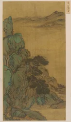 Landschap: een berghelling, een brede stroom en verre heuvels, Ming-dynastie, 1368-1644