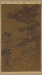 Landschap: ambachtslieden onder een grote den, Ming-dynastie
