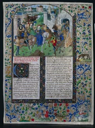 Blad uit Jehan de Courcys Chronique Universelle: Koning Priamus ontmoet Helena en Paris, ca. 1470
