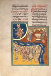 Blad uit een Beatus-manuscript: de zesde engel levert de vier engelen..., ca. 1180