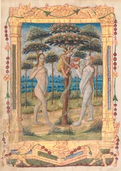 Blad uit een Getijdenboek: Adam en Eva en de Val van de Mens...recto, ca. 1510