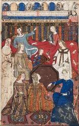 Blad uit een Cocharelli-verhandeling over de ondeugden: Accidia en haar hof, ca. 1330-40