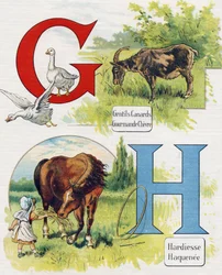 Letter G en H: Goede eenden, gulzige geit, stoutmoedigheid en Haquenee. Gravure in "ABC L