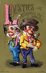 Letter L: Melonville Loustics bloedzuigers. Gravure in "Alphabet des grotesques". Serie van 25 reclamechromolithografieën op een gouden achtergrond, eind 19e eeuw.