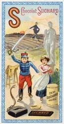 Letter S: zon, zaaien, zaaier, dienaar, verbazing, soldaat, zwaard, zadel, slang, standbeeld, hoef, zak. Gravure van het alfabet uitgegeven door Chocolat Suchard, begin 20e eeuw