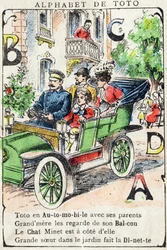 Letters A B C D Auto Balkon Kat Dinette. Gravure in "Alphabet de Toto", eind 19e eeuw. Pont-a-Mousson beeldmateriaal. Louis Vagne, drukker-uitgever.