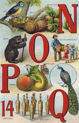 Letters N O P Q; Nest; Hazelnoten; Stekelig orgel; Beer; Pauw; Vlinder Appel Peer; Kommen. Gravure in “Alfabet van mijn dochtertje”. Bernardin-Bechet en Fils, boekhandelaren-uitgevers, Parijs, omstreeks 1895. Onbreekbaar album op doek. Bibliothèque des