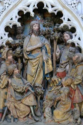 Leven van Sint-Jan de Doper: "Sint-Jan de Doper toont de ring van God." Hoog reliëf van het noordelijke uiteinde van het noordkoor (1531). Kathedraal van Amiens, Amiens, Frankrijk