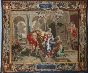 Leven van de Maagd: "De Visitatie" het bezoek van Maria aan Elisabeth, Jozef en Zacharias achter hen - Wol- en zijden tapijt gemaakt in de werkplaats van Pierre Damour naar tekeningen van Charles Poerson (1609-1667)