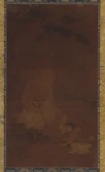 Lohan zittend, een dienaar knielend voor hem, Yuan of Ming-dynastie, 1279-1644