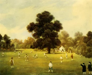Heren en edelen van Surrey en Kent spelen cricket in Knole Park, Kent, 1775, 1947
