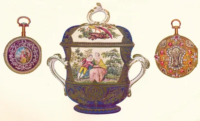 Lodewijk XVI. Gouden herhaler, Oud Chelsea porseleinen porringer en deksel