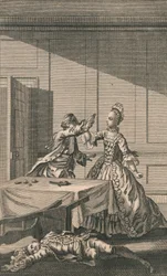 Lucy probeert zichzelf neer te schieten, na het doden van Mr. Wimple, 18e eeuw