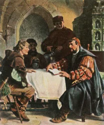 Luther als Junker Jörg in de Jena Inn met Zwitserse studenten, 1522, 1936
