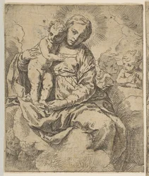 Madonna en Kind zittend op wolken en omringd door engelen, kopie in omgekeerde richting, ca. 1639 of later