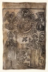 Madonna en Kind met drie leden van de St. Augustinus Orde: Heiligen Augustinus..., 1400s