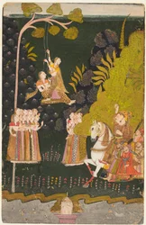 Maharaja Abhai Singh, te paard, kijkt naar meisjes die schommelen op het Teej-festival, ca. 1740