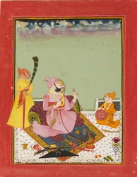 Maharao Ajit Singh op een terras met zoon en bediende