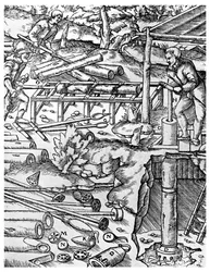 Het maken en gebruiken van iepenhouten pompen om mijnen te draineren vóór de tijd van de stoommachine, 1556, 1956