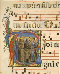 Manuscriptverlichting met alle heiligen in een initiaal V, uit een antifonarium, Italiaans, 1450-60