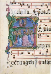 Boekverluchting met de Tenhemelopneming van de Maagd in een initiaal A..., Italiaans, 1450-60.