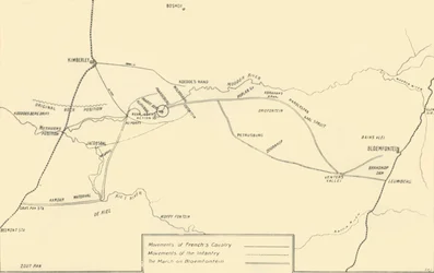 Kaart die de bewegingen illustreert voor de verlichting van Kimberley en de verovering van Bloemfontein, 1901