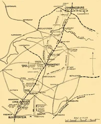 Kaart die de Aanvalslijnen van Bloemfontein naar Pretoria toont, 1901