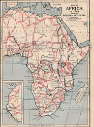 Kaart van Afrika in 1891 met routes van ontdekkingsreizigers