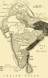 Kaart van India met de Britse bezittingen in 1780, 1800 en in de huidige tijd, 1890