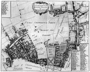 Kaart van Shoreditch, Norton Folgate en Cripplegate