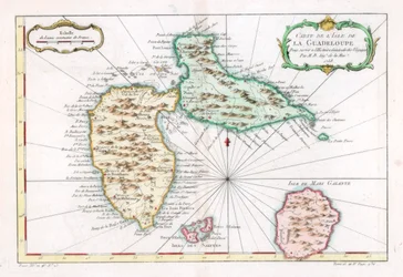 Kaart van het Caribische eiland Guadeloupe, ca. 1764