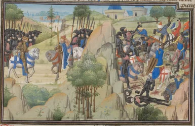 Ontmoeting van Koenraad III van Duitsland en Lodewijk VII van Frankrijk. Miniatuur uit de Historia door Willem van Tyrus, 1460s