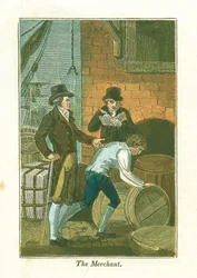 Koopman en zijn klerk aan de kade die goederen controleren in een magazijn, 1823