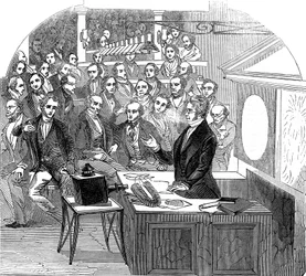 Michael Faraday geeft een lezing over elektriciteit en magnetisme, Royal Institution, Londen, 1846