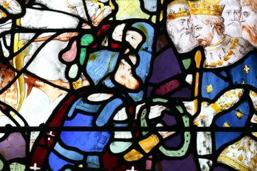 Moulins kathedraal. Glas-in-loodraam. Kruistochten. Sint Lodewijk en de doornenkroon