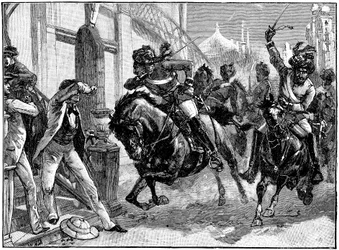 Gemonteerde rebellen Sepoys die door de straten van Delhi rijden, Indiase opstand, mei 1857, ca. 1895
