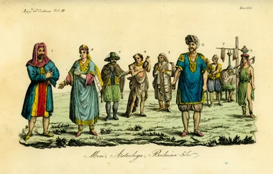 Moslimman op de Hadj naar Mekka, moslimvrouw, moslimman in reiskleding, gewone moslim, Dervish heilige, astroloog of Tagessa, muilezeldrijver, kapper of Kagiem, Bedoeïenenmeisje uit de buurt van Beja (Beggia)