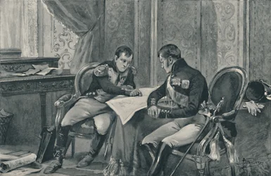 Napoleon en Alexander bij Tilsit bestuderen de kaart van Europa, 1807, 1896