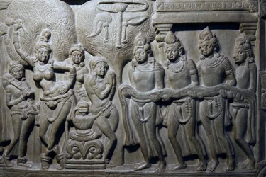 Nationaal museum van India, Delhi. Scènes uit het leven van Boeddha. Ikshvaku, 3e eeuw n.Chr. Nagarjunakonda, Andhra Pradesh. Grijsachtige kalksteen. Detail. India.