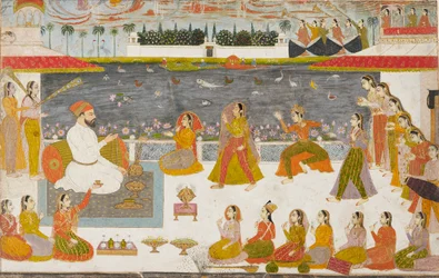 Nawab en dames kijken naar een nautch op een terras, 1760