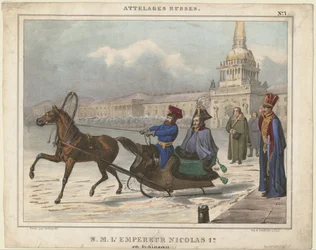 Nicolaas I van Rusland in een slee, 1850