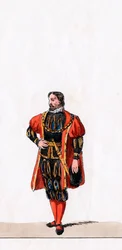 Edelman, kostuumontwerp voor Shakespeares toneelstuk, Henry VIII, 19e eeuw