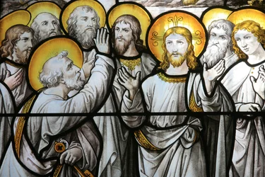 Notre Dame de Beaune kerk glas-in-loodraam: Sint Pieter protesteert zijn trouw aan Christus, Beaune, Frankrijk