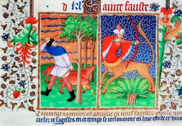 November: varkens voeren, en Boogschutter, ca. 1423