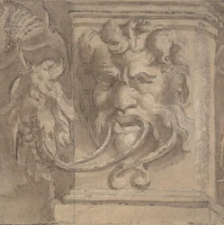 Ornamentaal ontwerp met antiek-stijl masker, 1550-1600