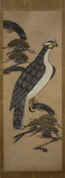 Otsu-e van een valk op een dennenboom